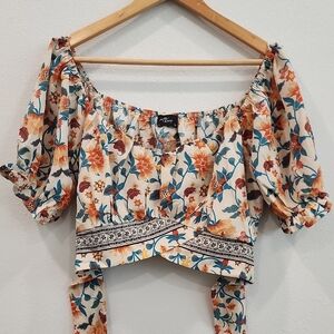 Milk & Honey Floral Off-Shoulder Tie-Back Blouse - Cream with Orange & Teal